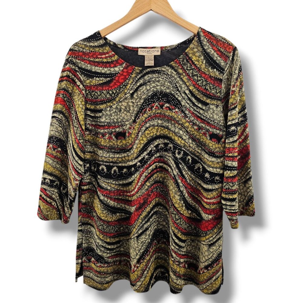 Notations Textured Top 2X Black Red Yellow 3/4 Sleeve Earthy Artsy Stretch Fall